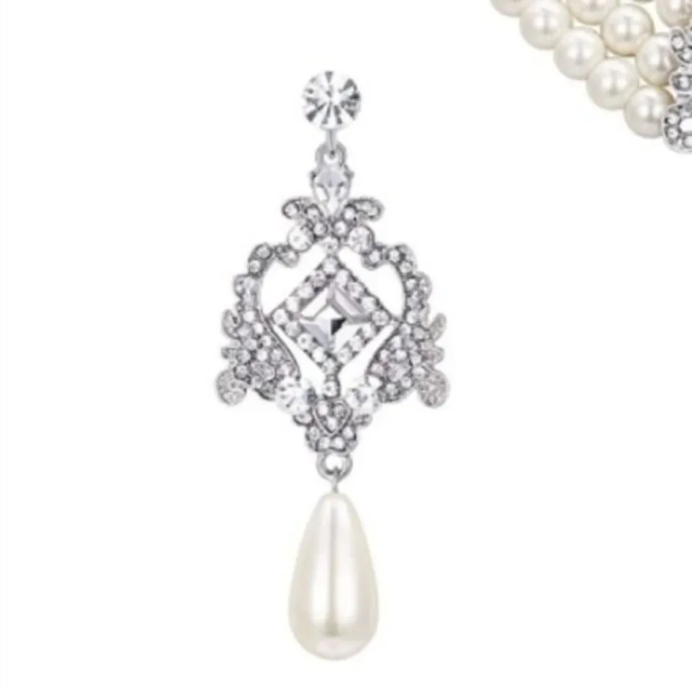 Silver Crystal & Faux Pearl Vintage Inspired Chandelier Necklace & Earrings Set